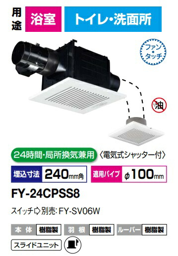 パナソニック　FY-24CPSS8 天埋換気扇　2部屋用　二部屋　二室　2室換気用・低騒音形　150m3/hタイプ　吸込みグリル(子機)付属24時間・局所換気兼用　電気式シャッター付・ルーバセット 本体（天井埋込形　ダクト　天井埋め込み型 換気扇）【純正品】浴室，トイレ，洗面所 12,623円