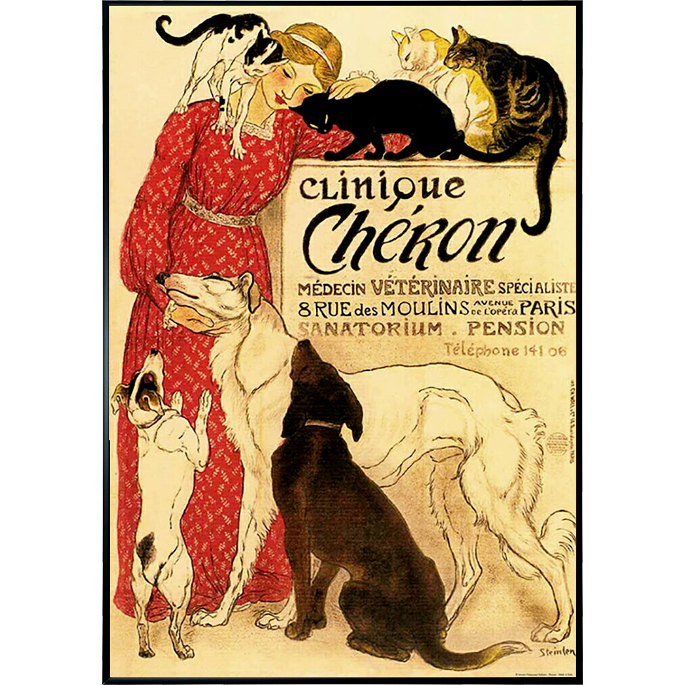 複製画　スタンラン 「シェロン動物病院 Clinique Cheron」 イタリア製 印刷ポスター 額付き 新品 アートフレーム 額外寸50.7ｘ70.7cm アールヌーボー 犬と猫　ステンレン