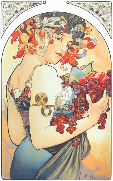 B4226 版画 ミュシャ フルーツ ジクレー 美術品 百歳額 アルフォンス 額付き 人物画 Mucha B4226 絵画 新品 Foundationのエンボス印あり 限定300部 人物画 果物 女性 アール ヌーヴォー 駿河 静美洞画廊 送料無料 新品 額付