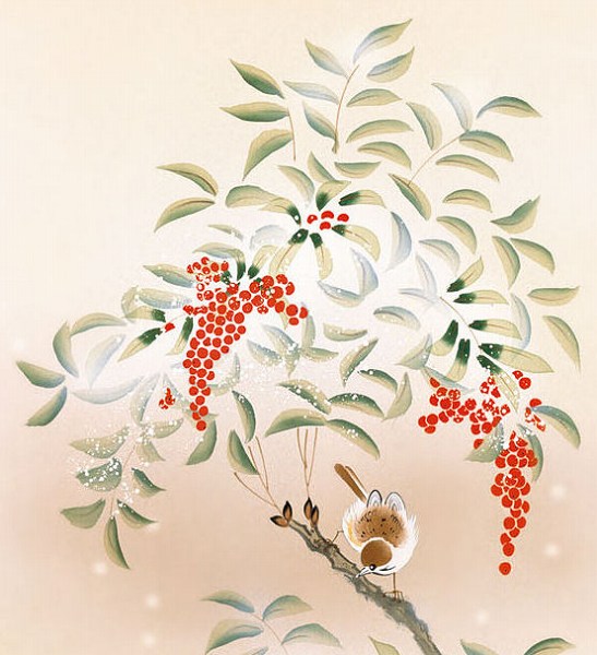 表装済小禽季節冬南天厄除け やまとや画廊 送料無料 新品新品小鳥絵画掛け軸冬掛け掛軸 新品近藤玄洋 南天に雀 尺五立 版画 手彩色