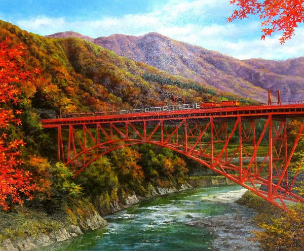 新築祝に 額入り 油絵 トロッコ電車 額が選べる 絵画 紅葉 油絵 黒部渓谷 額入り 熨斗 ラッピング無料 油彩画 美術品 油彩画 送料無料 秋 F10号 風景画 インテリア 肉筆画 額外寸約67x60cm 真筆 新品 猿渡一根 絵画 迫力ある10号寸 贈り物 記念品に 鉄道