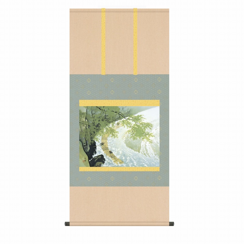 風鎮・自在付き 川合玉堂 「筏」 掛軸 尺五横(約54.5x115cm) 高精彩巧芸画 手彩入り 掛け軸 表装済 新品 桐箱収納 複製画 風景画 名画掛軸 日本画 夏 KZ2G9-013|やまとや画廊
