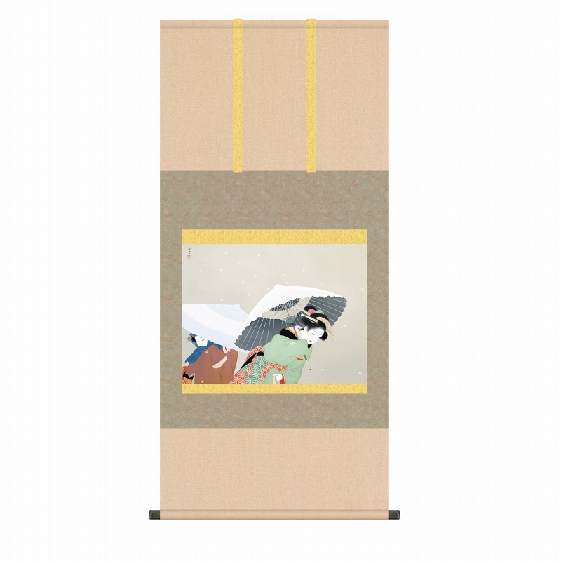 風鎮・自在付き 上村松園 「牡丹雪」 掛軸 尺五横（約54.5ｘ115cm） 高精彩巧芸画 手彩入り 掛け軸 表装済み 新品 桐箱収納 複製画 人物画 名画掛軸 日本画 冬の風景 KZ2G9-026｜やまとや画廊