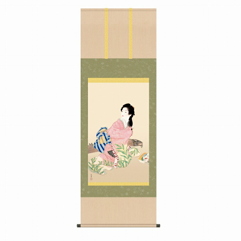 風鎮・自在付き 上村松園 「娘深雪」 掛軸 尺五立(約54.5x153cm) 高精彩巧芸画 手彩入り 掛け軸 表装済み 新品 桐箱収納 複製画 人物画 名画掛軸 日本画 着物の女性 KZ2G9-022