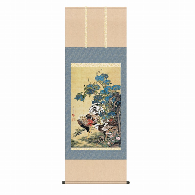 風鎮・自在付き 伊藤若冲 「紫陽花双鶏図」 掛軸 尺五立（約54.5ｘ153cm） 高精彩巧芸画 手彩入り 表装済 新品 桐箱収納 複製画 動物画 名画掛軸 日本画 プライスコレクション（アメリカ）所蔵. KZ2G9-034