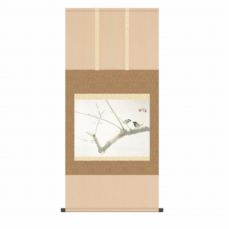 風鎮・自在付き 竹内栖鳳 「梅園」 掛軸 尺五横（約54.5ｘ115cm） 高精彩巧芸画 手彩入り 掛け軸 表装済み 新品 桐箱収納 複製画 動物画 名画掛軸 京都画壇 日本画 小鳥 すずめ 山種美術館 KZ2G9-042