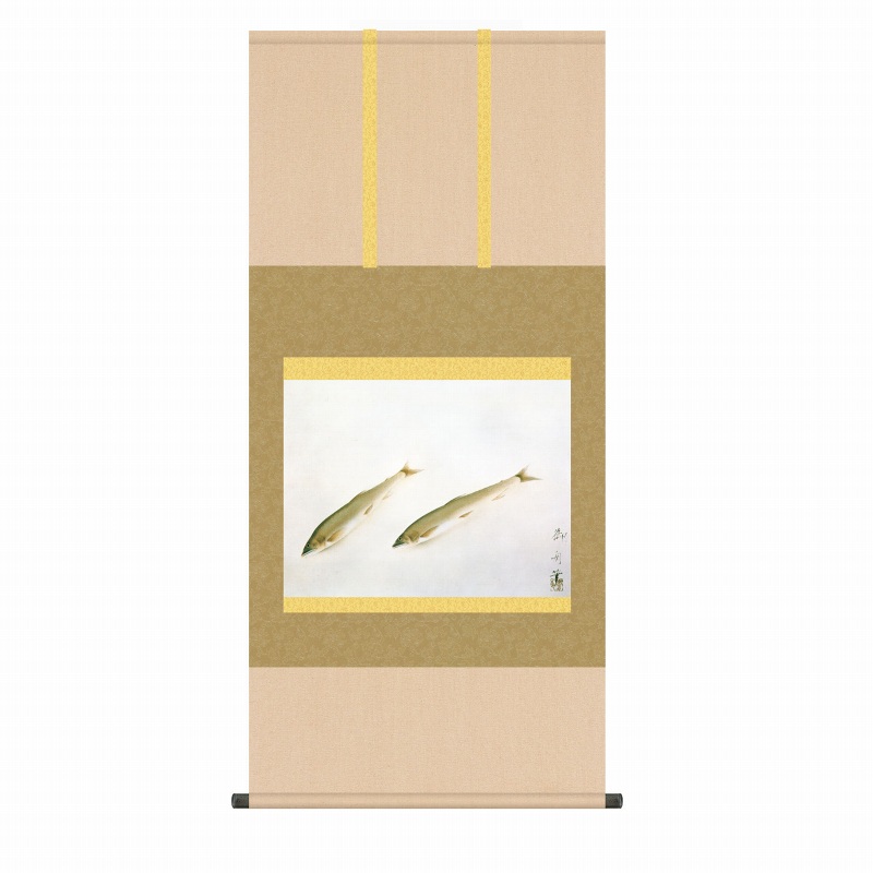風鎮・自在付き 速水御舟 「鮎」 掛軸 尺五横（約54.5ｘ115cm） 高精彩巧芸画 手彩入り 掛け軸 表装済み 新品 桐箱収納 複製画 動物画 名画掛軸 日本画 花鳥風月 KZ2G9-056｜やまとや画廊