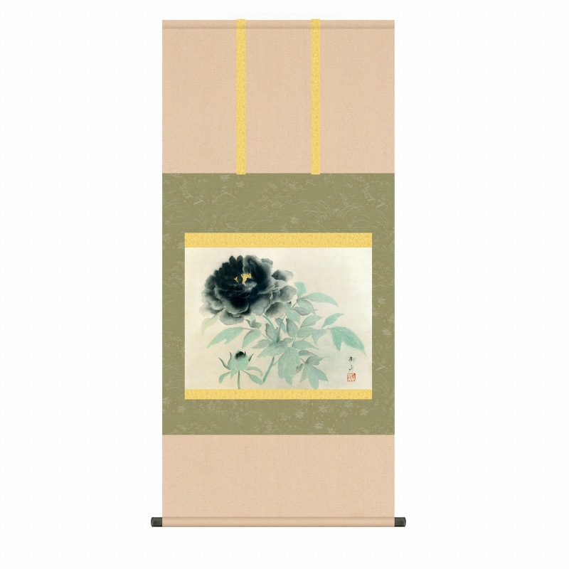風鎮・自在付き 速水御舟 「墨牡丹」 掛軸 尺五横（約54.5ｘ115cm） 高精彩巧芸画 手彩入り 掛け軸 表装済み 新品 桐箱収納 複製画 動物画 名画掛軸 日本画 花鳥風月 KZ2G9-054
