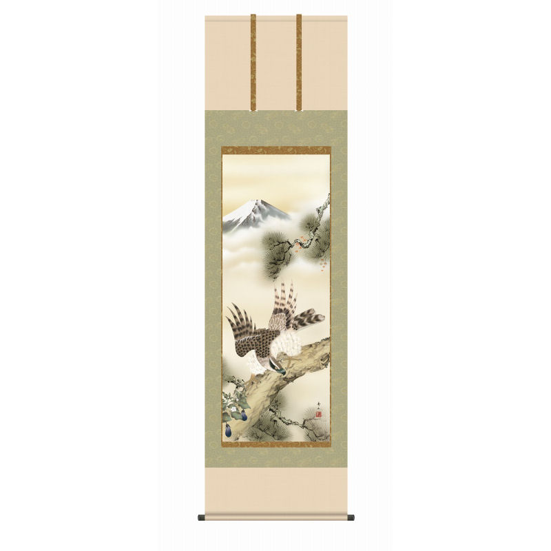 掛軸 鈴村秀山 「一富士二鷹三茄子」 尺五立（約54.5ｘ190cm） 掛軸 高精彩巧芸画 手彩入り KZ2D4-030 新品 表装済 桐箱収納 掛け軸 動物 山水 赤富士 朱不二 霊峰 富嶽 富岳 旭日 花鳥 鷹 茄子 縁起 吉祥開運 初夢 お正月