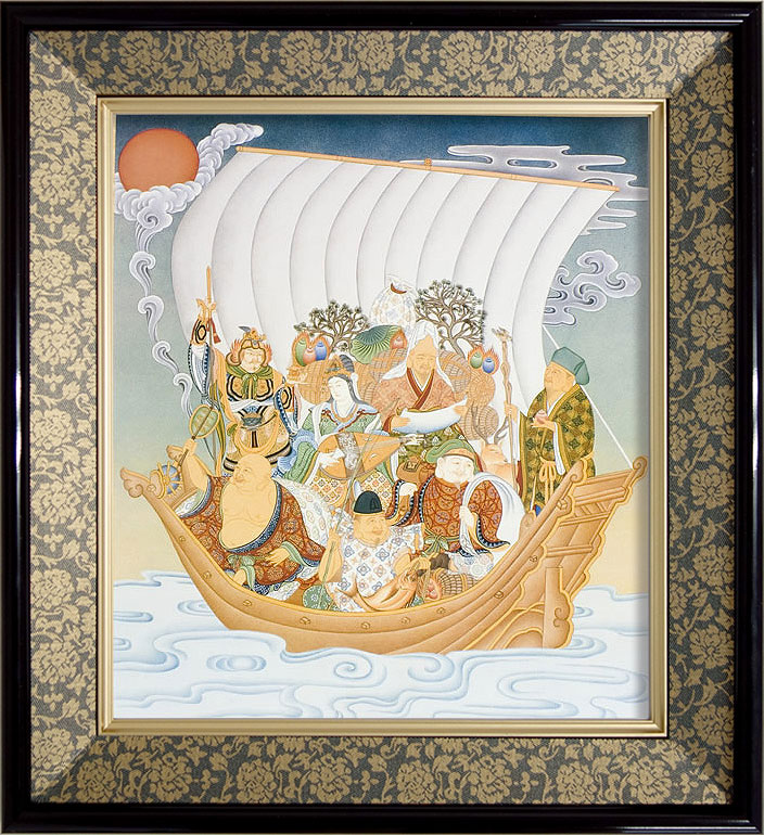 仏画 緞子 色紙額 「七福神」 複製画 額付き（額外寸32.5x35.5cm） 新品 仏画 仏教美術 風水 吉祥開運の図 宝船 運気上昇