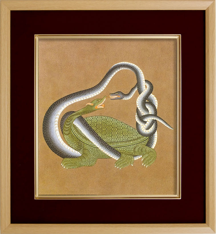 仏画 エンジ 色紙額 「北方神玄武」 複製画 額付き（額外寸32.5x35.5cm） 新品 仏画 仏教美術 仏間に。仏事の飾りに。風水 北方と冬を守護する霊獣