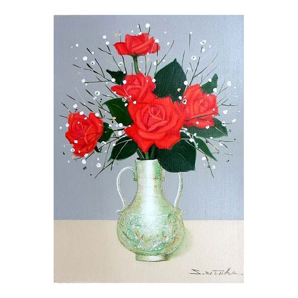 千賀節子 赤薔薇 F6号 油彩画 真筆 額入り 額装絵画 油絵 静物画 インテリア 花風水 花瓶の花 アレンジメント 肉筆画 赤いばら バラ 出会えた喜び septicin Com