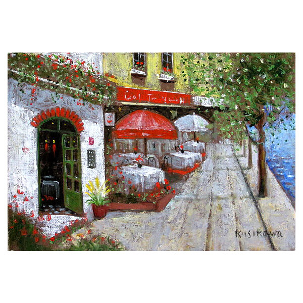 石川佳図 パリのカフェ F6号 油彩画 真筆 額入り 額装絵画 油絵 風景画 インテリア 肉筆画 フランス 街角 パラソル 石畳 おしゃれ Butlerchimneys Com