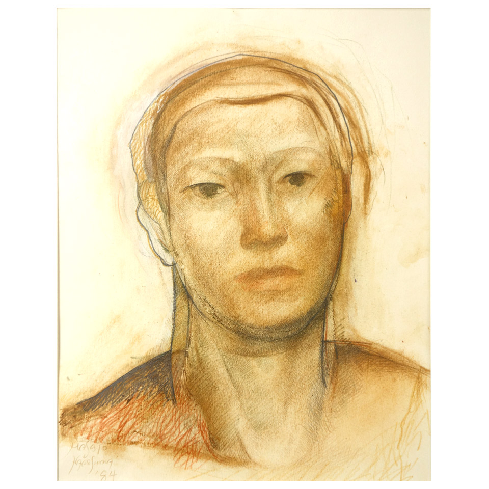 鍋島正世 人物 紙に鉛筆 パステル 真筆 素描 デッサン 額付き 人物画 写実画壇 Y141 Csecully Fr