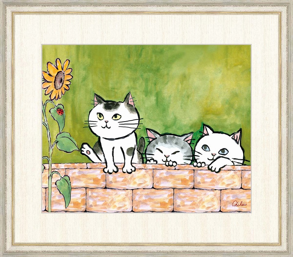 ー品販売 開運アート 高精彩工芸画 手彩入り F8号 額外寸64ｘ56cm 仲良しねこ 千春 額付き 三匹の猫 グリーンの背景 吉祥開運 動物画 複製画 Dgb Gov Bf