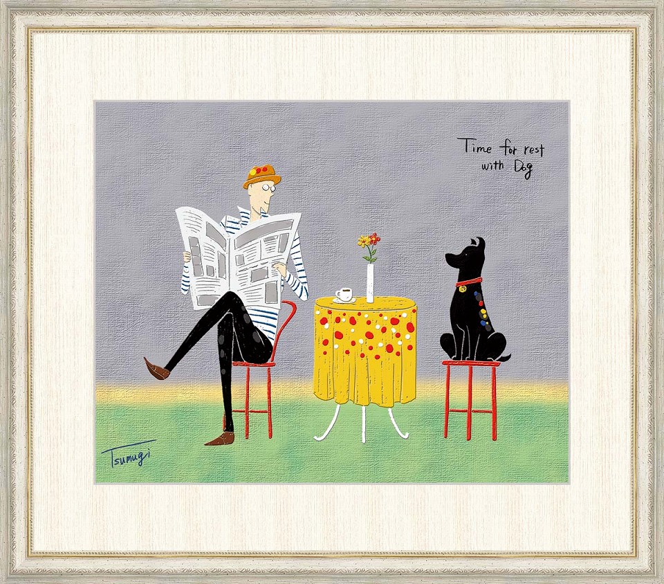 早割クーポン 山田つむぎ カフェでの物語 おしゃれな男性と犬 人物画 複製画 額付き 高精彩工芸画 手彩入り F8号 額外寸64x56cm ティータイム Snk G4 Cd002 F8 Www Reductions Tn