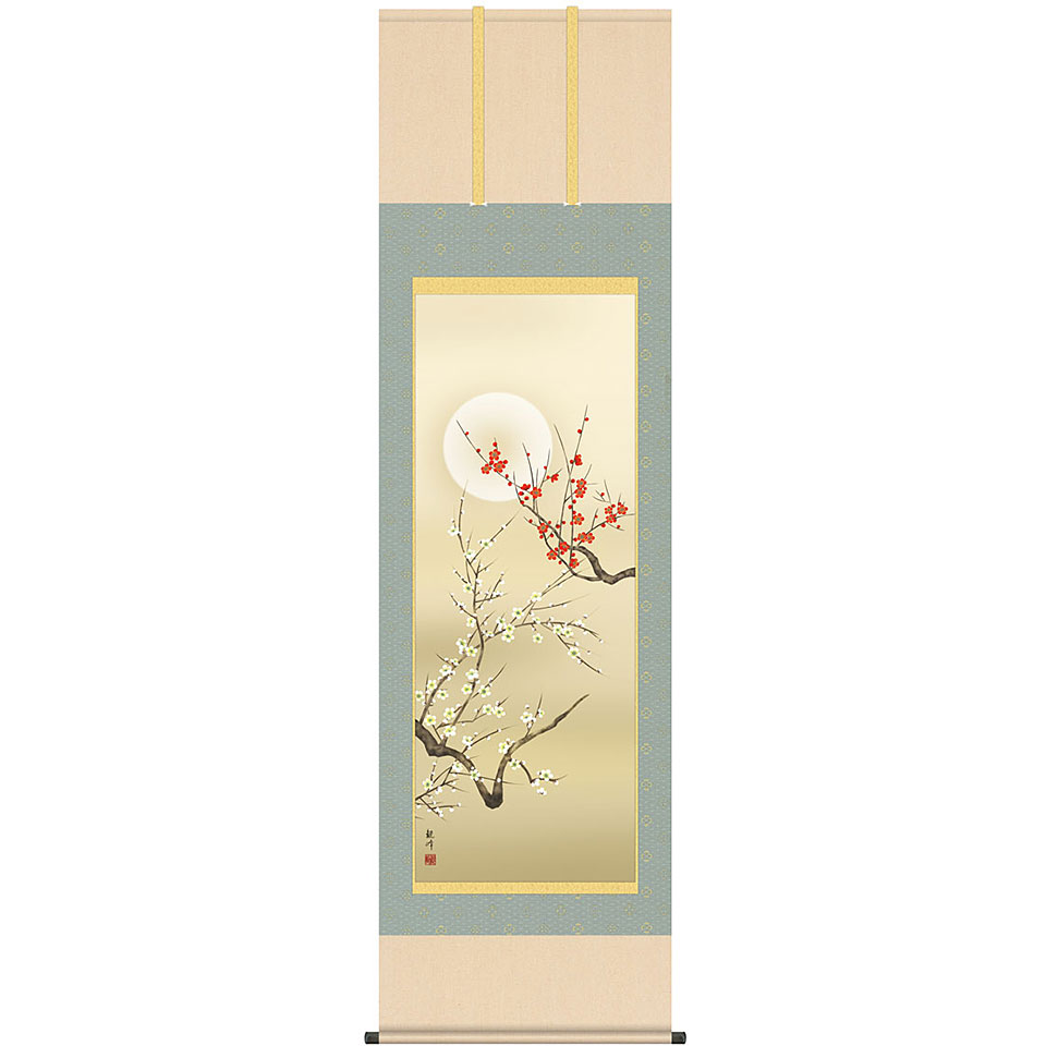 掛軸 山村観峰「朧月紅白梅」高精彩巧芸画 手彩入り 尺五立 新品 表装済 桐箱収納 掛け軸 花鳥図 春の季節掛け 普段掛けに KZ3A2-096