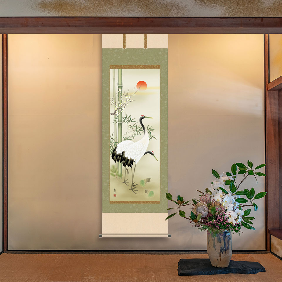 けいたしま 掛軸 掛け軸 松竹梅鶴亀 浮田秋水 おめでたい掛軸送料無料 尺五 桐箱 正絹 祝賀用掛軸 床の間 和室 飾る 正月 お洒落 モダン幅54 5 高さ190cm をよりめで