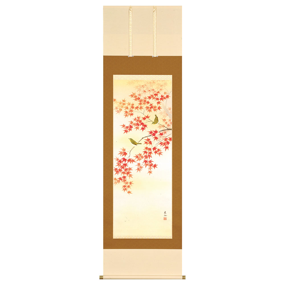 楽天市場】掛軸 萩原緑翠 「紅葉に小禽」 尺五立 日本画 複製画