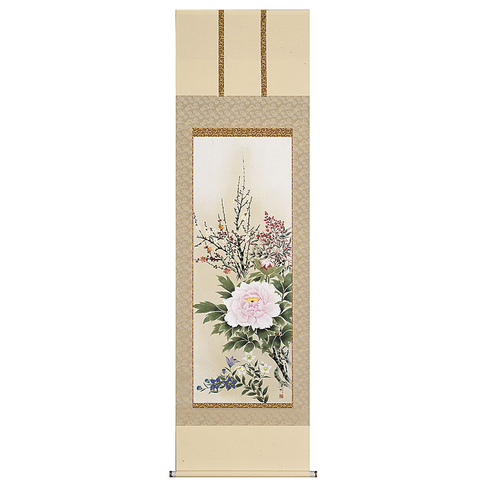 掛軸　中村遠州 「四季花」 尺五立　日本画　真筆　手描き　花鳥　掛け軸　表装済み　桐箱収納　春夏秋冬　年中掛けに　牡丹　富貴花　普段掛け　A-2662｜やまとや画廊