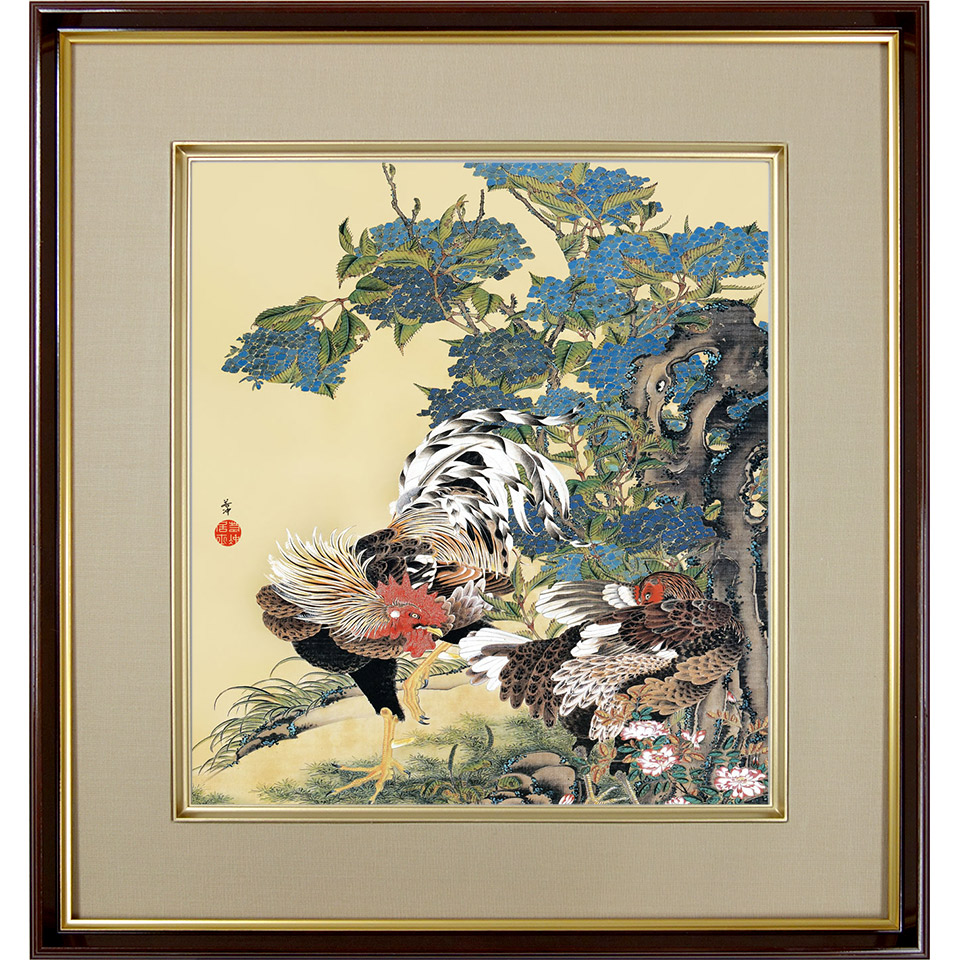 楽天市場】伊藤若冲「群鶏図」 複製画 額入り 色紙額 特殊工芸画