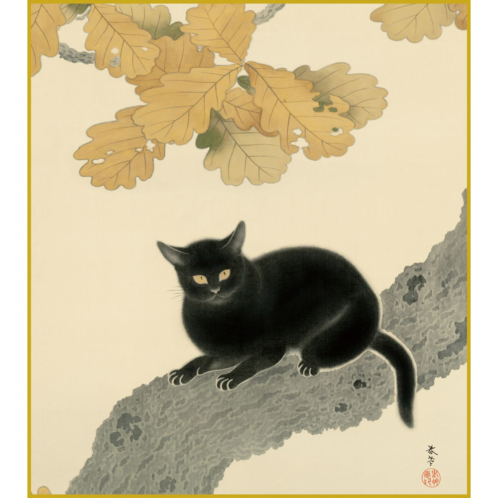 絵画。原画【手の中の紫色のアサガオ、かわいい黒猫とウサギ】