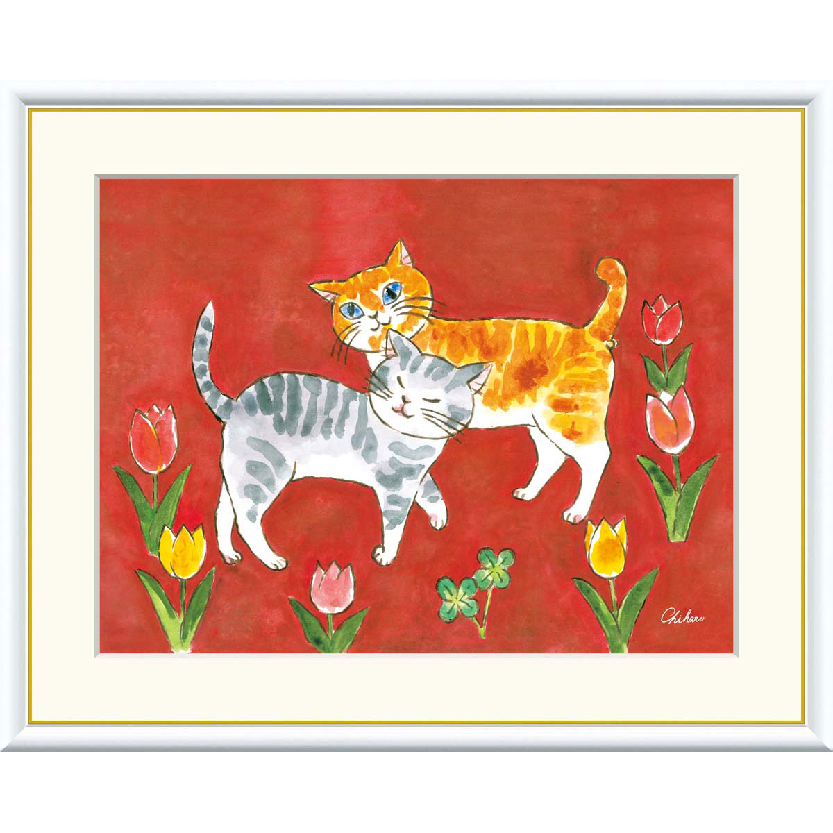 千春 「愛情のねこ」 F8号（額外寸61ｘ49cm） 高精彩工芸画　額付き　複製画　動物画　風水　開運アート　赤の背景　二匹の仲良し猫　チューリップ　J3-B001