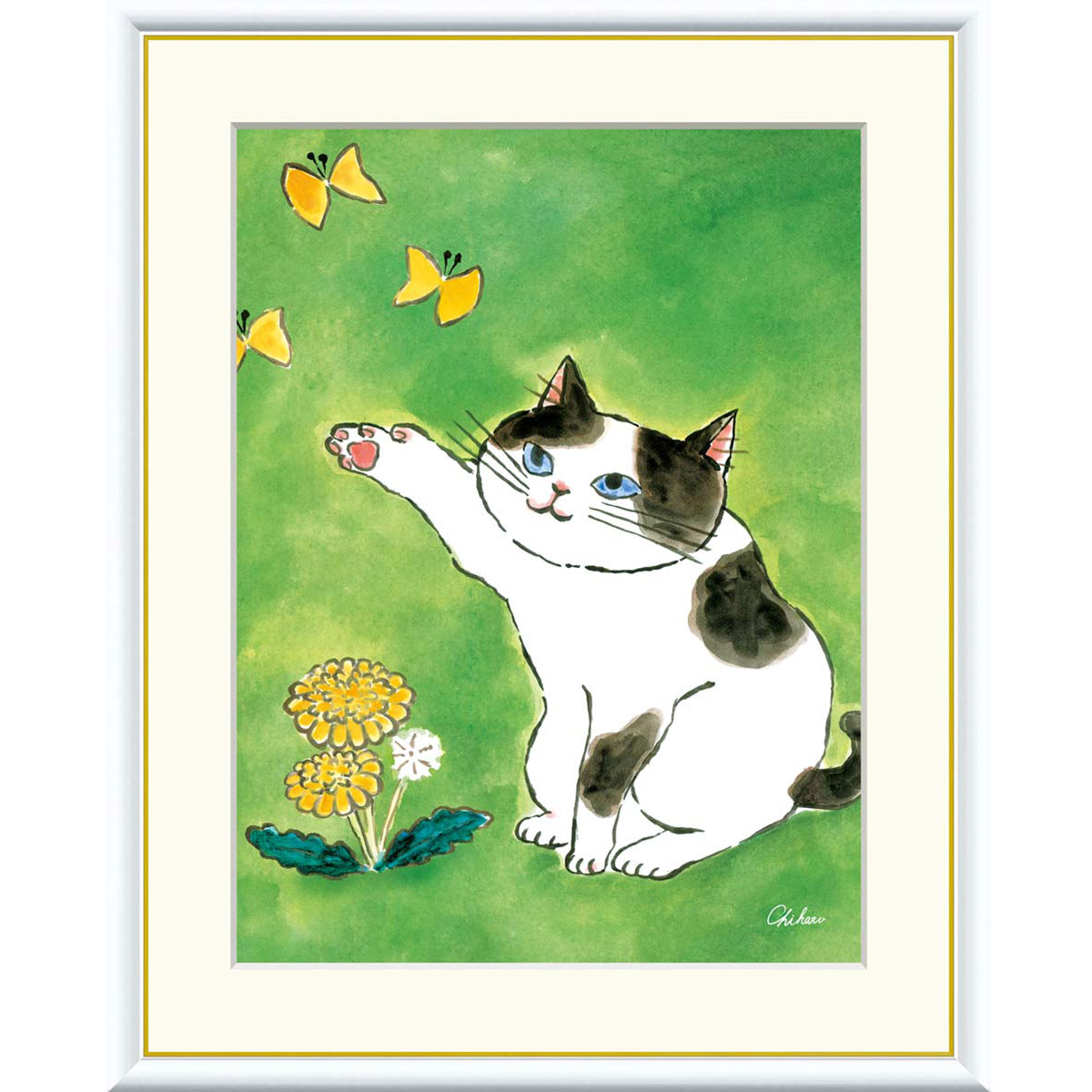 千春 「陽だまりのねこ」 F8号（額外寸61ｘ49cm） 高精彩工芸画　額付き　複製画　動物画　風水　開運アート　グリーンの背景　ぶち模様の猫