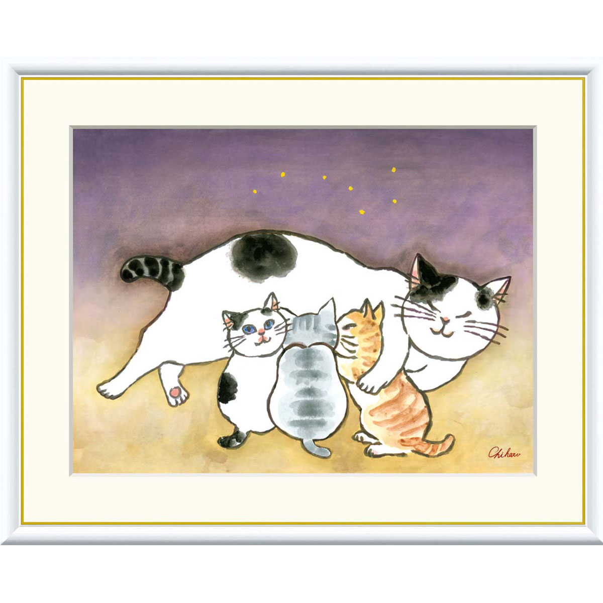 千春 「安らぎのねこ」 F8号（額外寸61ｘ49cm） 高精彩工芸画　額付き　複製画　動物画　風水　開運アート　パープルの背景　親子猫　ネコたち