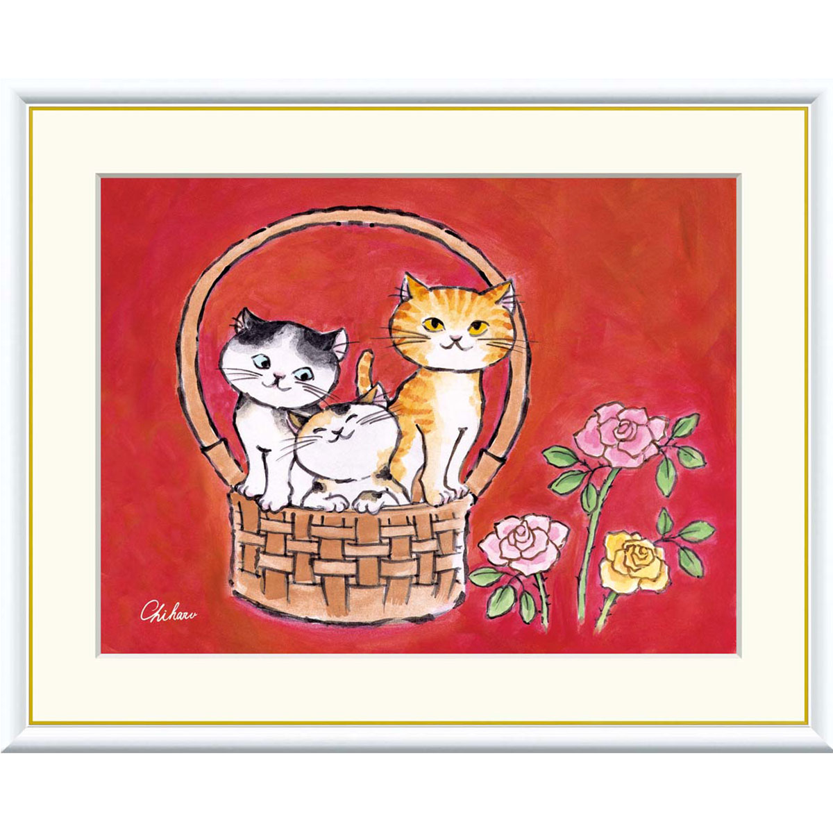 千春 「なごみねこ」 F8号（額外寸61ｘ49cm） 高精彩工芸画　額付き　複製画　動物画　風水　開運アート　赤の背景　三匹のカゴ入り猫　バラ
