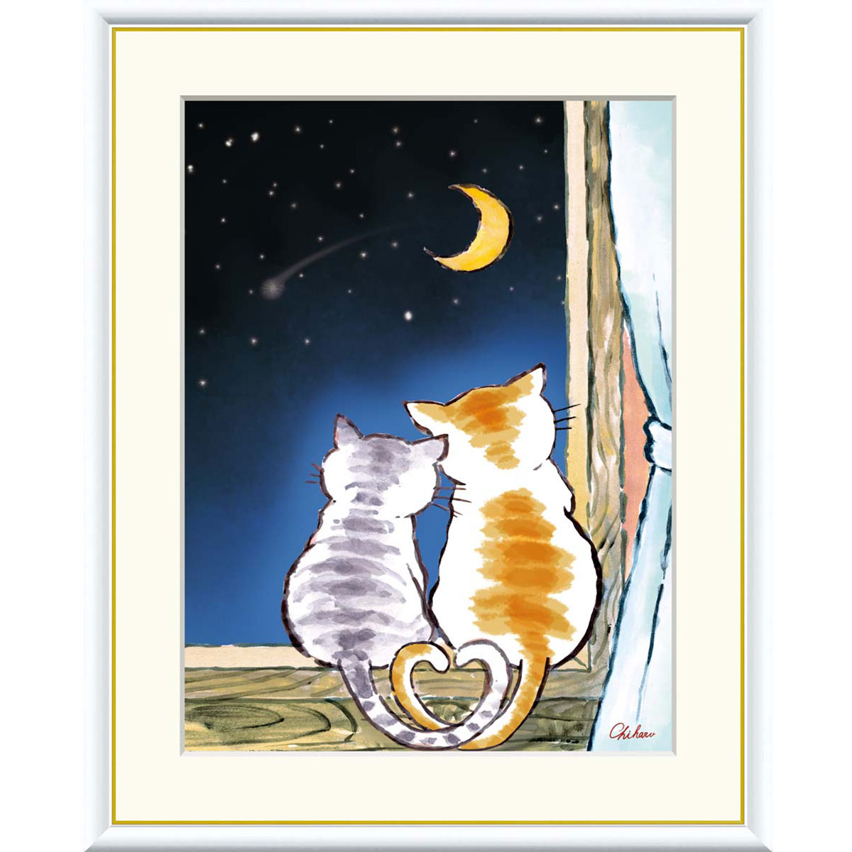 千春 「三日月夜のねこ」 F8号（額外寸61ｘ49cm） 高精彩工芸画　額付き　複製画　動物画　風水　開運アート　ネイビー　星空　二匹の仲良し猫