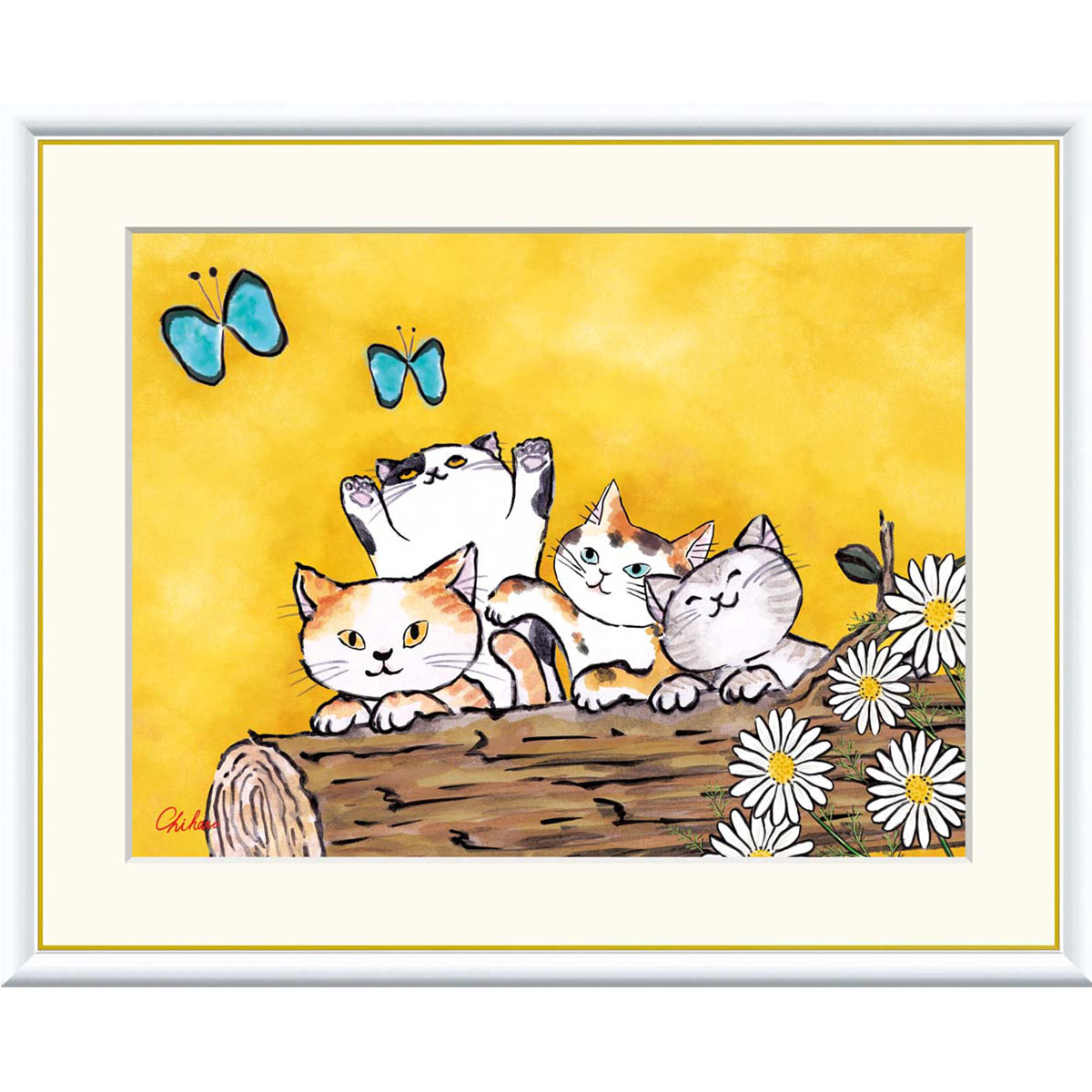 千春 「幸福のねこ」 F8号（額外寸61ｘ49cm） 高精彩工芸画　額付き　複製画　動物画　風水　開運アート　黄色の背景　４匹の猫　蝶々