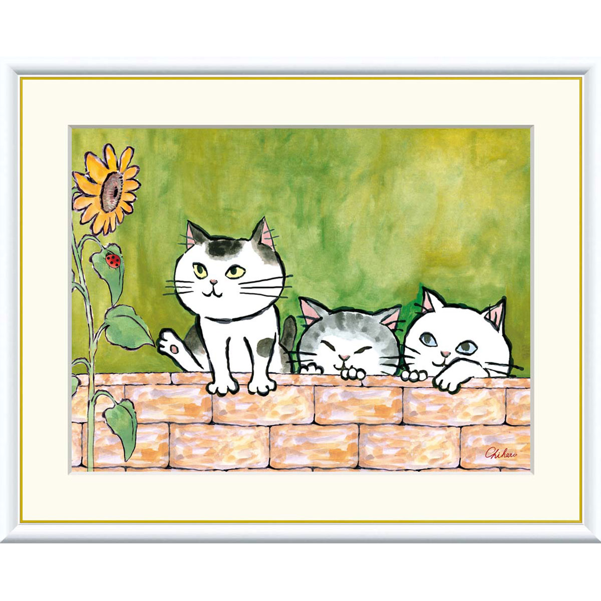 千春 「仲良しねこ」 F8号（額外寸61ｘ49cm） 高精彩工芸画　額付き　複製画　動物画　風水　開運アート グリーンの背景　三匹の猫　ひまわりの花