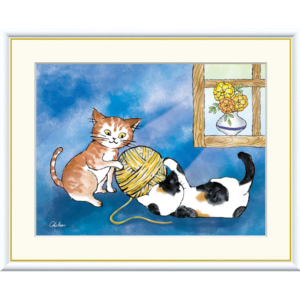 千春 「健やかなねこ」 F8号（額外寸61ｘ49cm） 高精彩工芸画　額付き　複製画　動物画　風水　開運アート　ブルーの背景　２匹の猫　毛糸玉