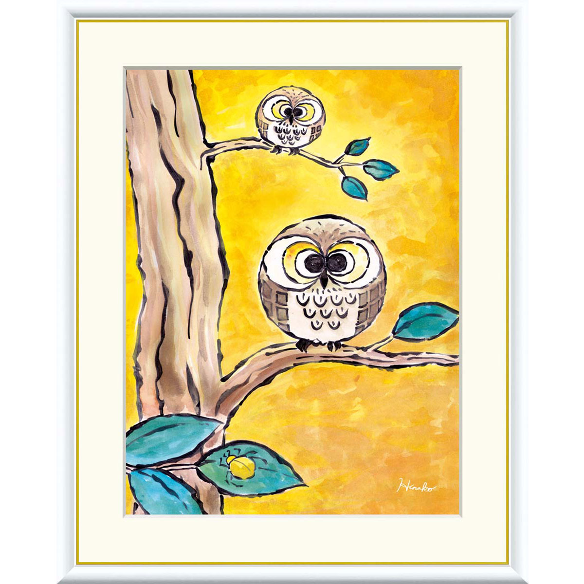 日菜子 「黄金ふくろう」 F8号（額外寸61ｘ49cm） 高精彩工芸画　額付き　複製画　動物画　風水　開運アート　黄色の背景　不苦労　二羽の梟