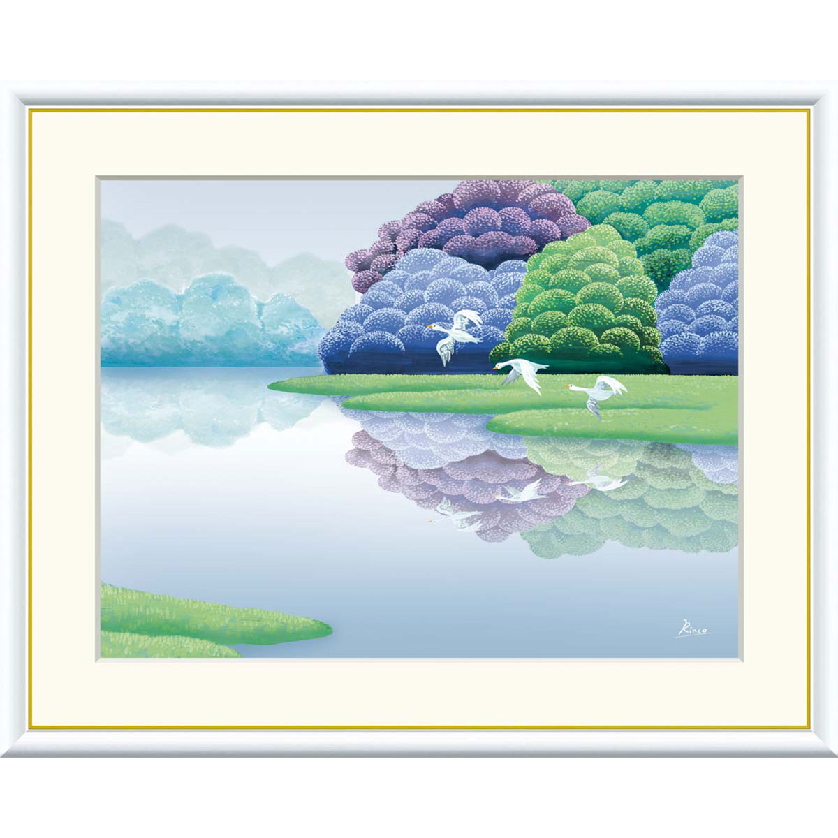 竹内凛子 「湖畔早春」 F8号（額外寸61ｘ49cm）高精彩工芸画　額付き　複製画　風景画　癒し　ヒーリングアート　風水開運画　静寂　自然　森と湖　ブルー