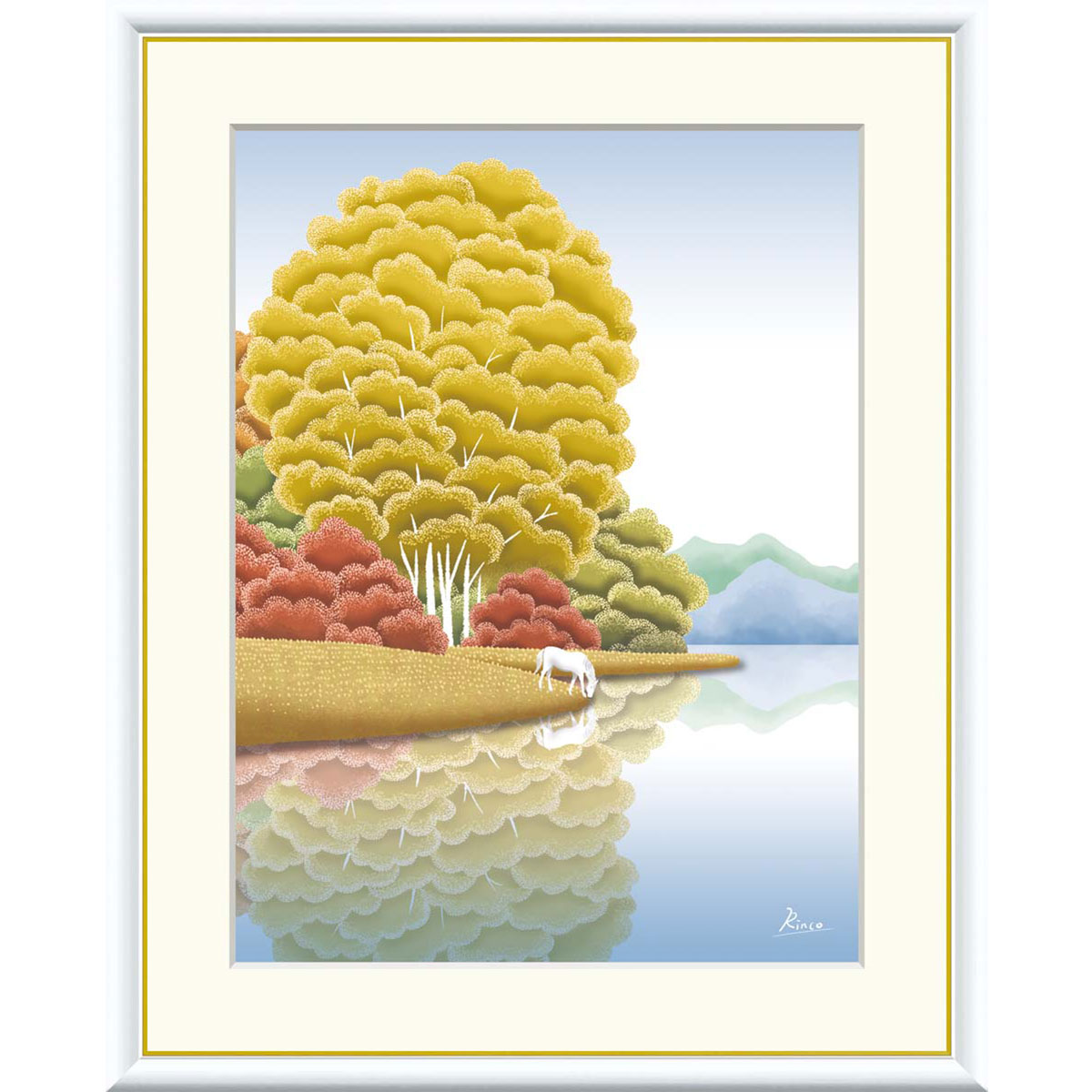 竹内凛子 「湖畔秋色」 F8号（額外寸61ｘ49cm） 高精彩工芸画　額付き　複製画　風景画　癒し　ヒーリングアート　風水開運画　自然　紅葉　秋　ブラウン