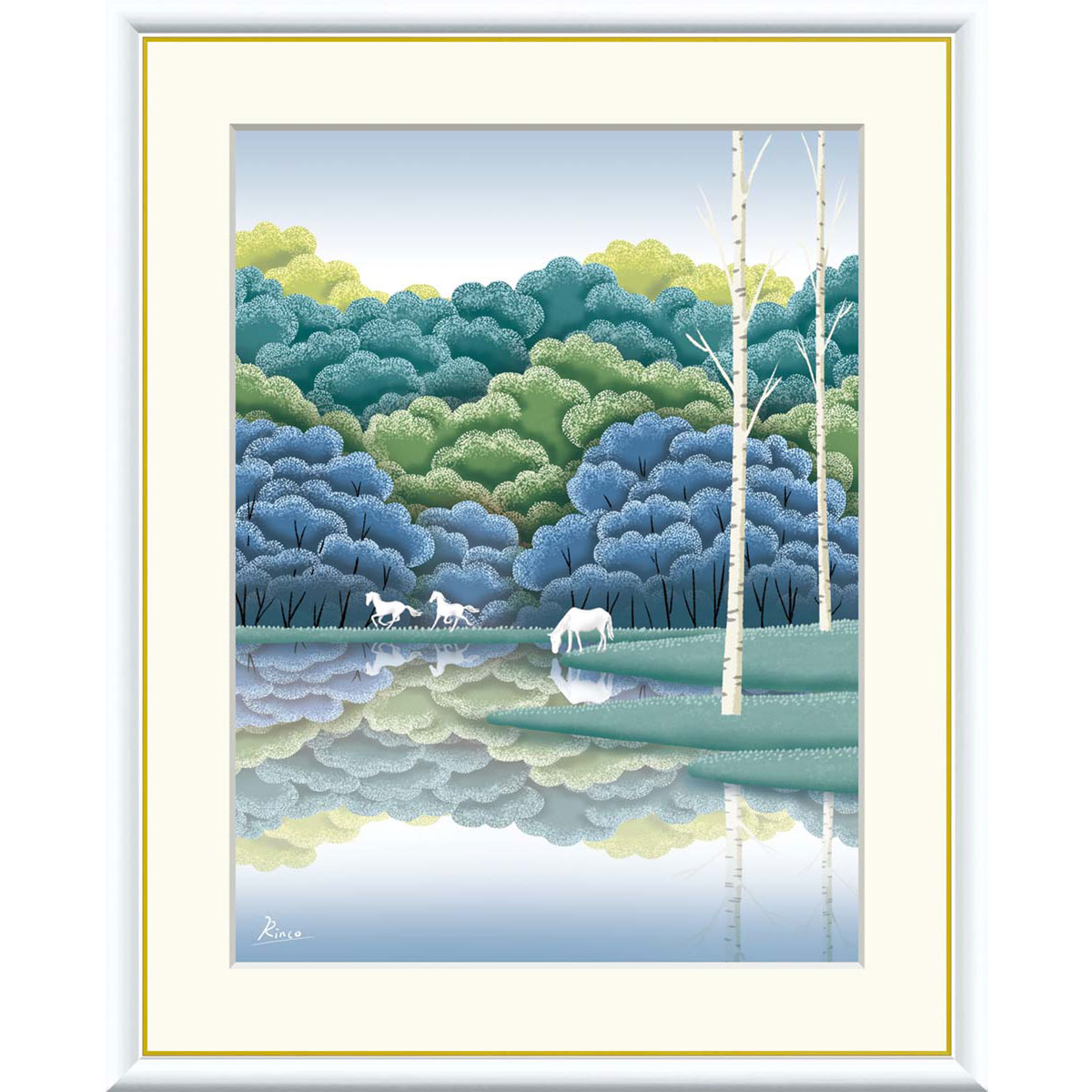 竹内凛子 「湖畔黎明」 F8号（額外寸61ｘ49cm） 高精彩工芸画　額付き　複製画　風景画　癒し　ヒーリングアート　風水開運画　白馬　森と湖　ブルー