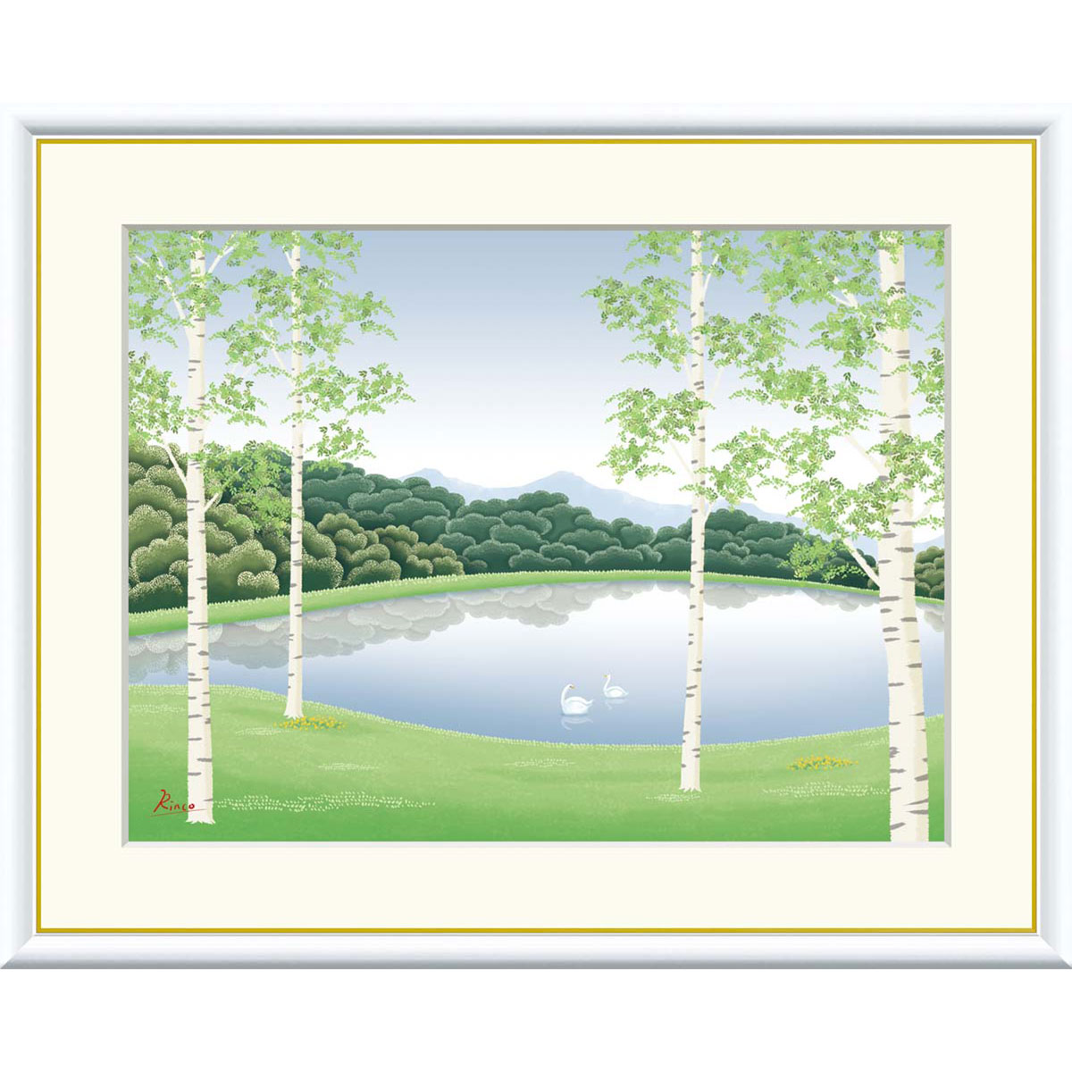 竹内凛子 「湖畔清風」 F8号（額外寸61ｘ49cm） 高精彩工芸画　額付き　複製画　風景画　癒し　ヒーリングアート　風水開運画　白鳥　白樺林　湖　グリーン