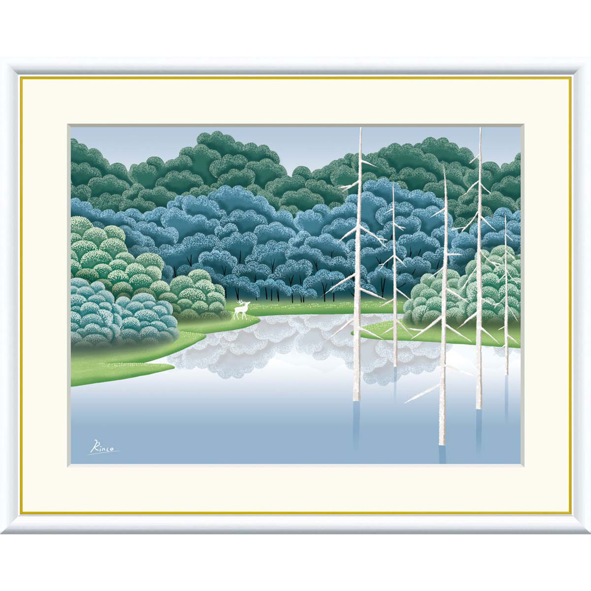 竹内凛子 「湖畔深緑」 F8号（額外寸61ｘ49cm） 高精彩工芸画　額付き　複製画　風景画　癒し　ヒーリングアート　風水開運画　白馬　森と湖　グリーン