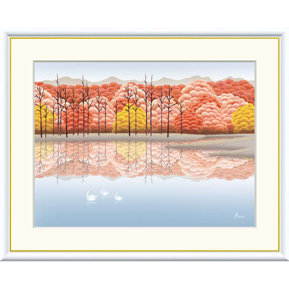 竹内凛子 「湖畔晩秋」 F8号（額外寸61ｘ49cm） 高精彩工芸画　額付き　複製画　風景画　癒し　ヒーリングアート　風水開運画　白鳥　秋の紅葉　美瑛青い池