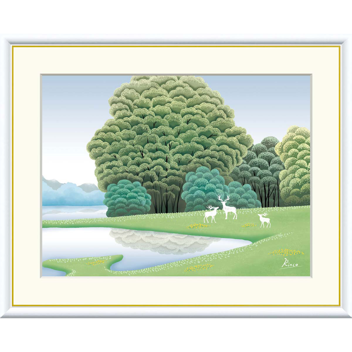 竹内凛子 「湖畔碧樹」 F8号（額外寸61ｘ49cm） 高精彩工芸画　額付き　複製画　風景画　癒し　ヒーリングアート　風水開運画　グリーン　白い鹿　森