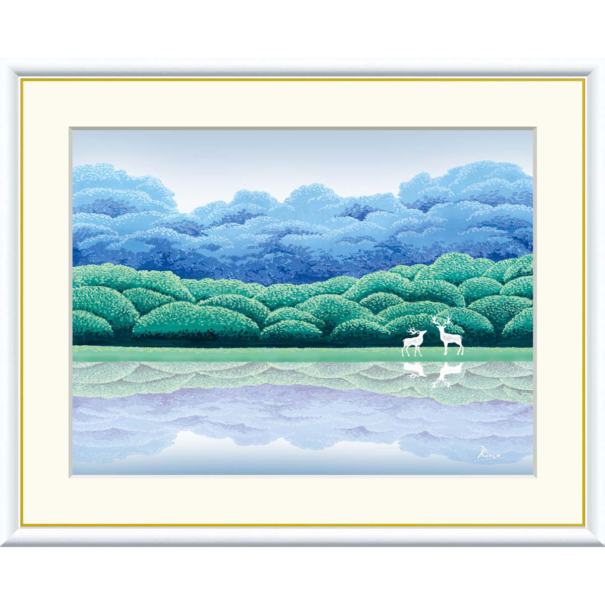 竹内凛子 「湖畔清涼」 F8号（額外寸61ｘ49cm） 高精彩工芸画　額付き　複製画　風景画　癒し　ヒーリングアート　風水開運画　グリーン　白い鹿