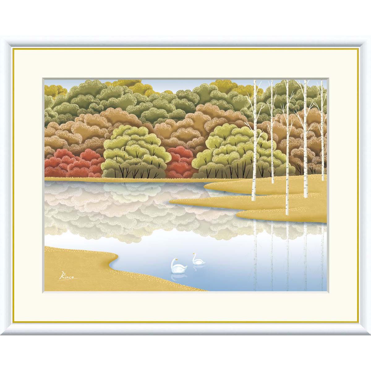 竹内凛子 「湖畔紅染」 F8号（額外寸61ｘ49cm） 高精彩工芸画　額付き　複製画　風景画　癒し　ヒーリングアート　風水開運画　秋の森　白樺　白鳥