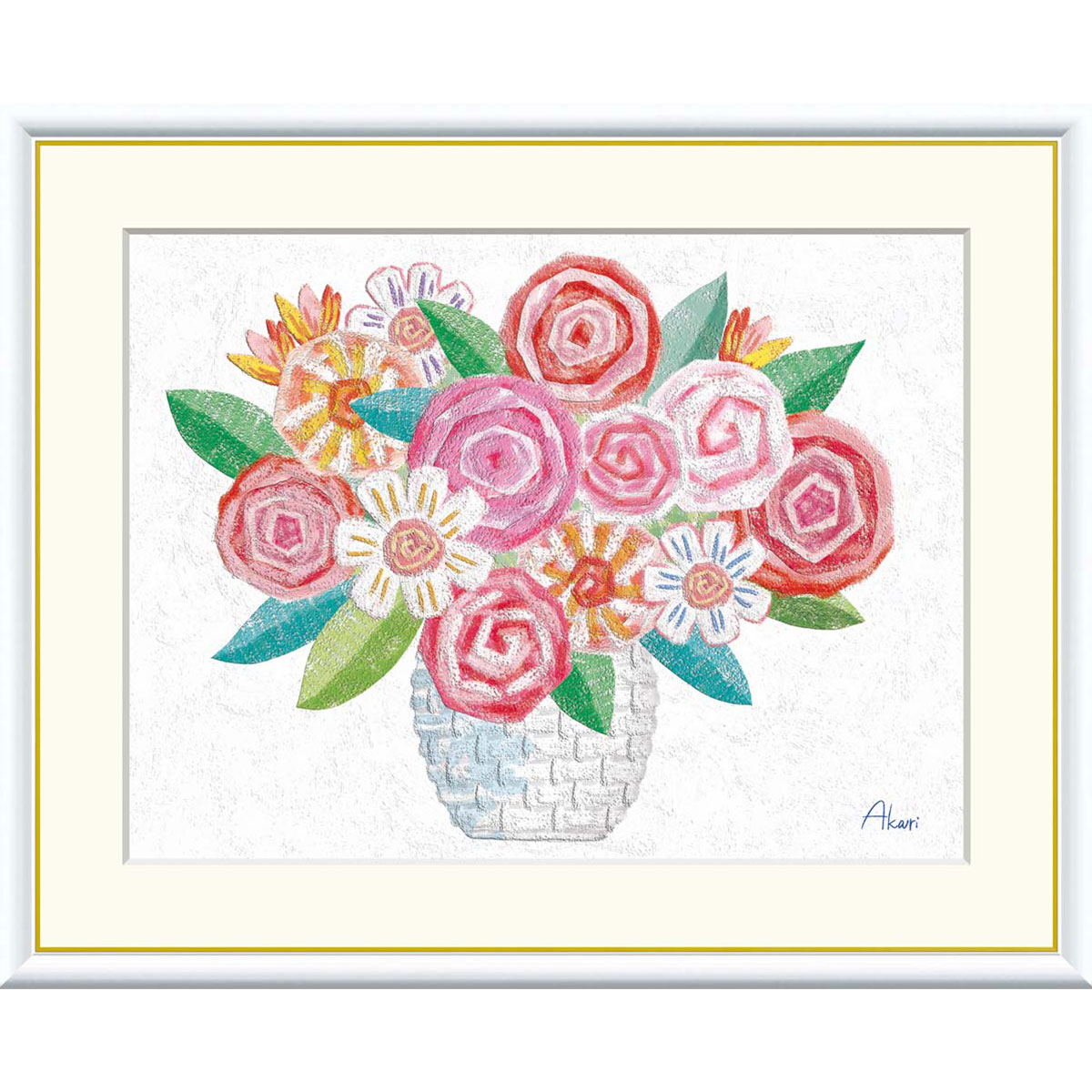 春田あかり 「ローズピンク」 F8号（額外寸61ｘ49cm） 高精彩工芸画　額付き　複製画　静物画　花風水　開運画　かわいい　花の絵　ブーケ