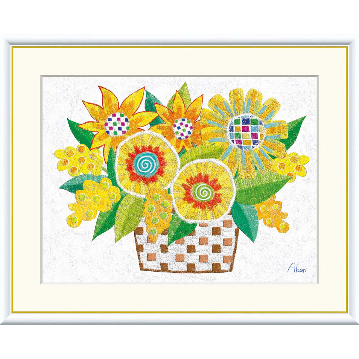春田あかり 「ハッピーイエロー」 F8号（額外寸61ｘ49cm） 高精彩工芸画　額付き　複製画　静物画　花風水　開運画　かわいい　花の絵　ブーケ