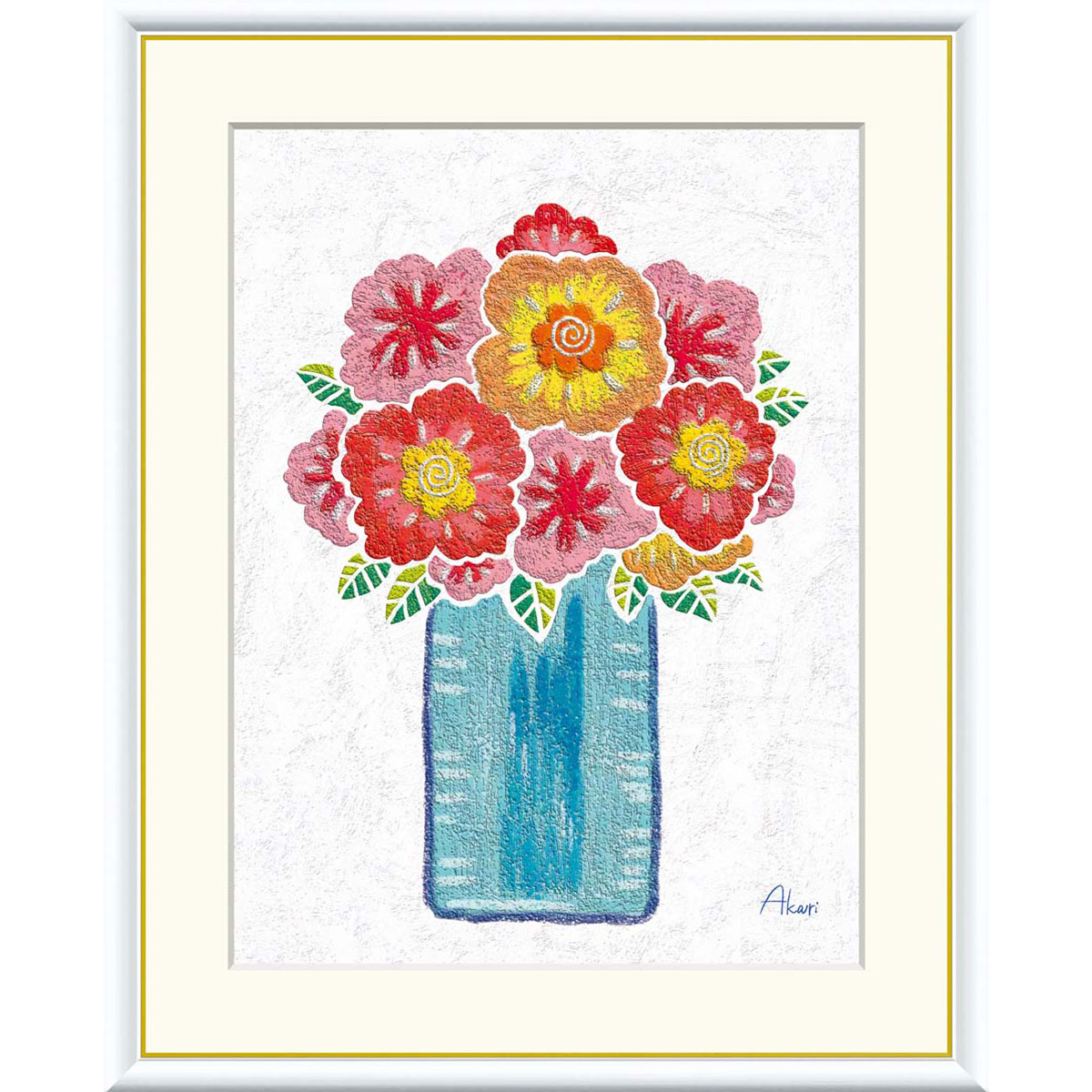 春田あかり 「赤い花の花瓶」 F8号（額外寸61ｘ49cm）高精彩工芸画　額付き　複製画　静物画　花風水　開運画　かわいい　花の絵　ブーケ