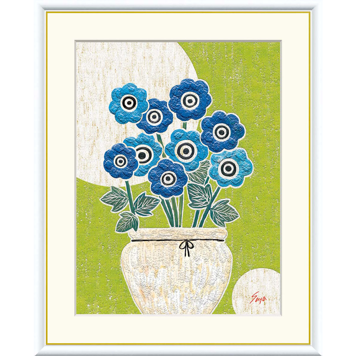 佐藤沙耶 「デルフィニウム」 F8号（額外寸61ｘ49cm） 高精彩工芸画　額付き　複製画　静物画　風水　開運画　青い花　花言葉は「清明」「寛容」
