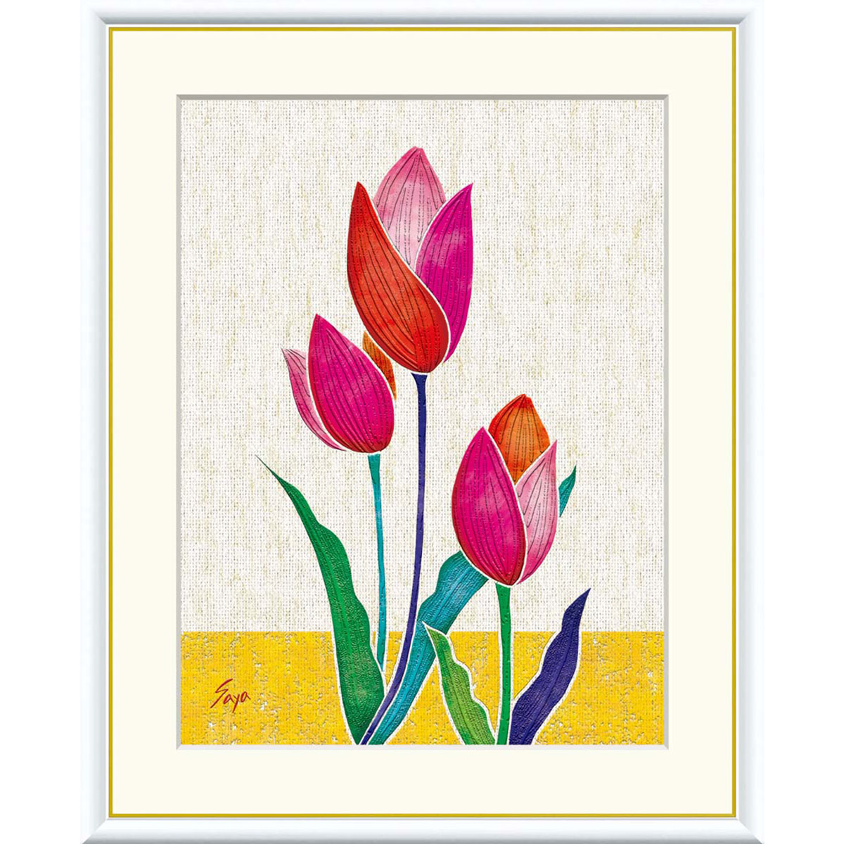 佐藤沙耶 「チューリップII」 F8号（額外寸61ｘ49cm） 高精彩工芸画　額付き　複製画　静物画　風水　開運画　ピンクの花　花言葉は「愛の芽生え」「誠実な愛」