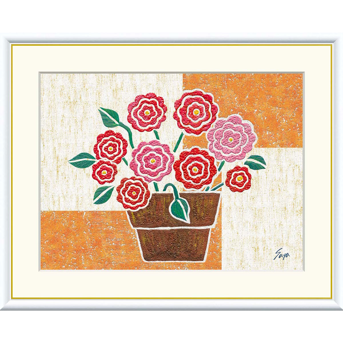 佐藤沙耶 「バラ」 F8号（額外寸61ｘ49cm） 高精彩工芸画　額付き　複製画　静物画　風水　開運画　赤とピンクの花　ブーケ　花言葉は「愛情」「幸福」